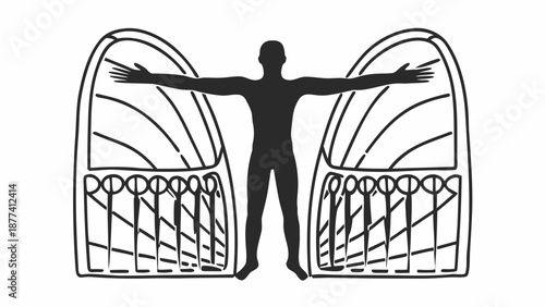 A person standing with arms outstretched between two architectural arches illustration