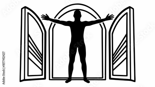 Man standing with arms outstretched in front of an open doorway illustration