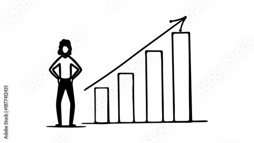 A businesswoman stands confidently beside a rising bar graph indicating growth and success in her profession.