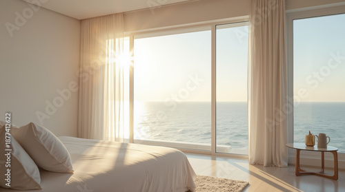 Sunlit Hotel Room With White Bed And Sea View Through Large Window.