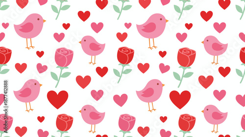 Adorable pink birds with red hearts and roses pattern, seamless Valentine's Day background