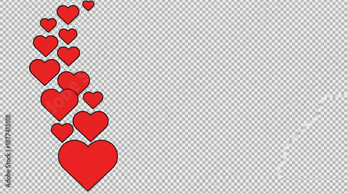 Vertical cascade of red hearts along the left edge on a transparent background, a romantic Valentine's Day motif for love, weddings, and decor projects.