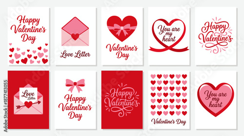 Set of Valentine's Day greeting cards featuring red and pink hearts, romantic typography, and love messages in a festive, ready-to-use design collection