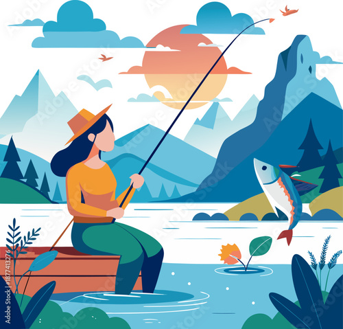 Woman Fishing Near Lake with Big Catch, white background