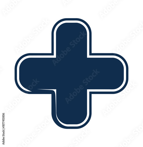 A blue cross symbol on a white background representing medical care and health services