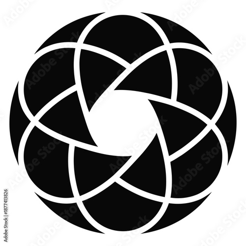 Black stylized aperture design mimics iris of camera lens creating optical effect with graphic precision resembling abstract circular mechanism