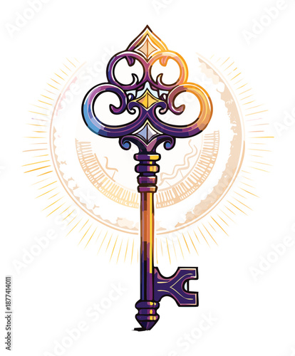 Golden mystical key with radiant light for fantasy game asset and divine enchanted object for holy adventure quests