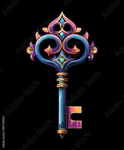 Dark magic key with mystical red crystal for fantasy game asset and powerful enchanted object for dark adventure stories
