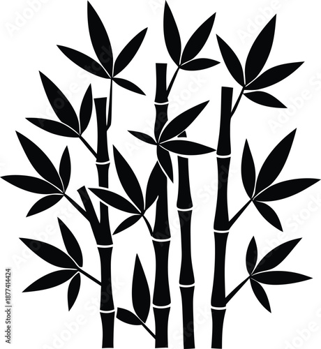 Black bamboo stalks with leaves vector silhouette stem