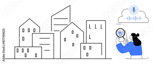 Voice recognition technology. Voice recognition integrated with digital communication and urban environments. Voice recognition for smart city, AI systems, cloud computing, remote support