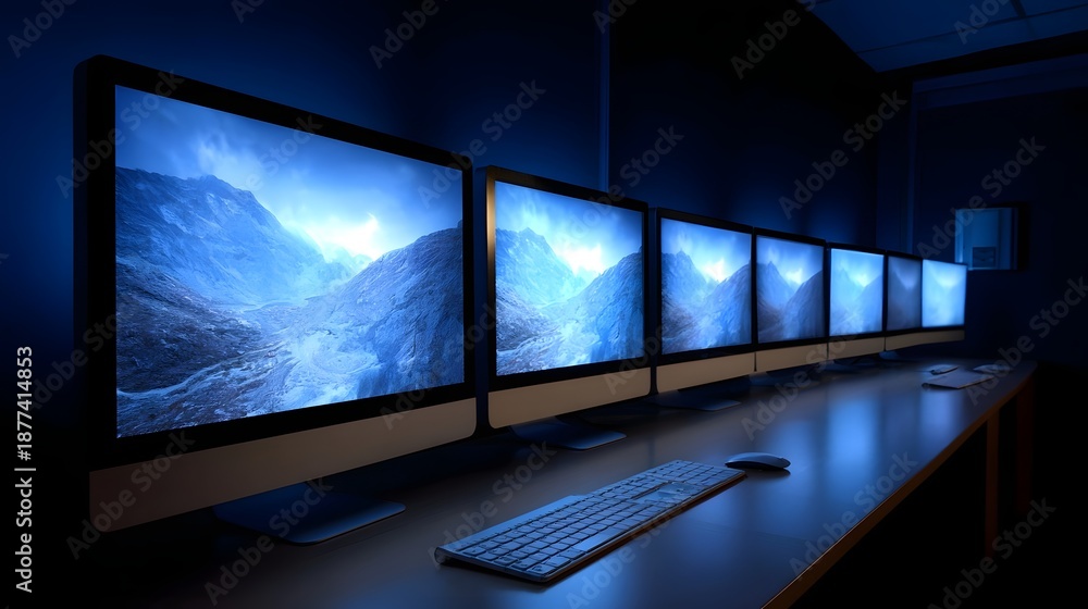 Fototapeta premium A modern workstation with multiple computer monitors displaying blue mountain landscapes