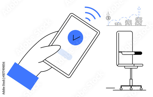 Mobile payments, remote work, financial growth, digital transactions, cashless society, business productivity. A hand holding a phone with a checkmark, graph and chair. Mobile payments and financial