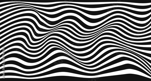 Abstract black and white illustration featuring repetitive wavy lines that create a dynamic optical illusion and sense of movement.
