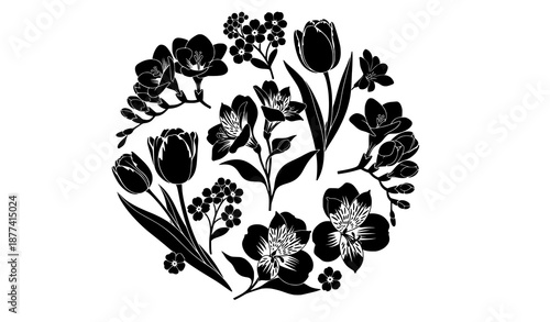 Vector floral silhouette collection of freesia tulips alstroemeria and forget-me-not flowers