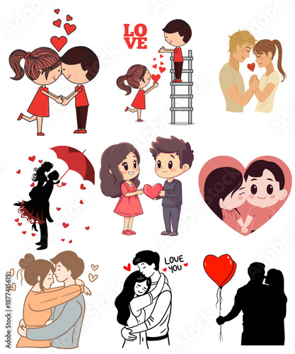 Collection of charming cartoon couples illustrations expressing deep affection romance and heartfelt adoration with various sweet gestures on transparent background