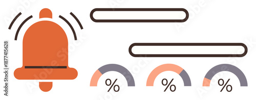 Notifications, data tracking, progress measurement, statistics, alert messages, productivity tools. Bell with vibration marks, progress bars percentage icons. Notifications and data tracking concept