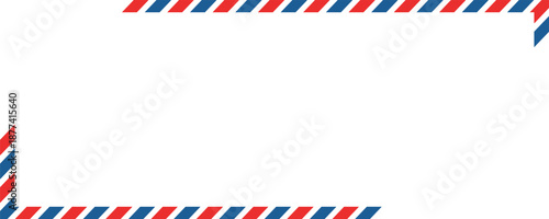 Airmail envelope frame with blue and red stripes on white background. International vintage letter border. Retro air mail postcard. Blank envelope.