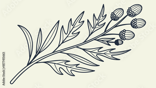 Elegant botanical illustration of a leafy branch with flowers