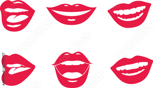 Red Lips Icon Set Vector, Kiss and Smile Mouth Collection.