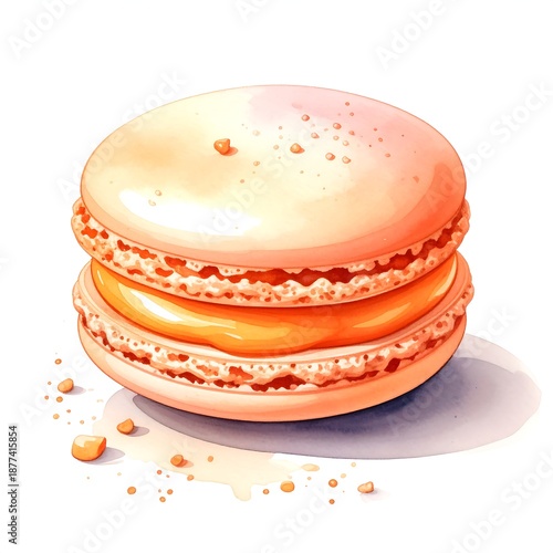 A digital illustration of a peach-colored macaron with a smooth, shiny top and a creamy filling