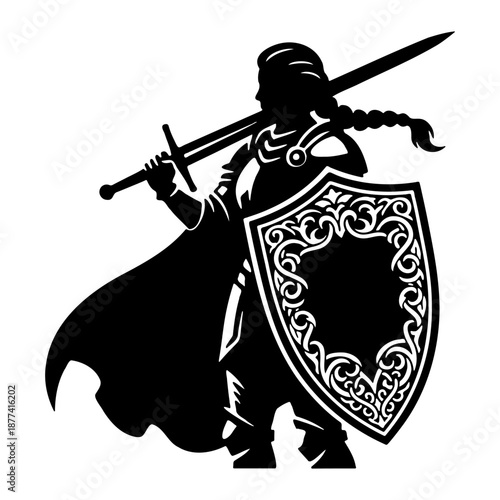 Black silhouette of a medieval knight holding sword and ornate shield