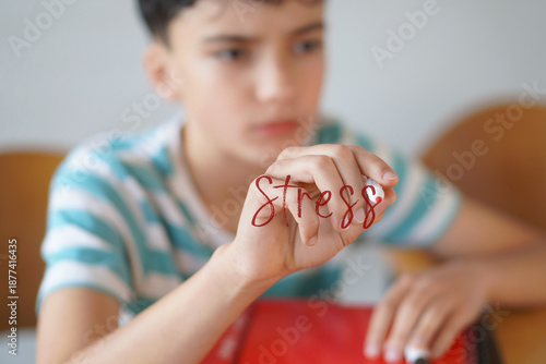STRESS. Childhood, preadolescence and adolescence. Pre-adolescent child writing text on the screen with a red marker.