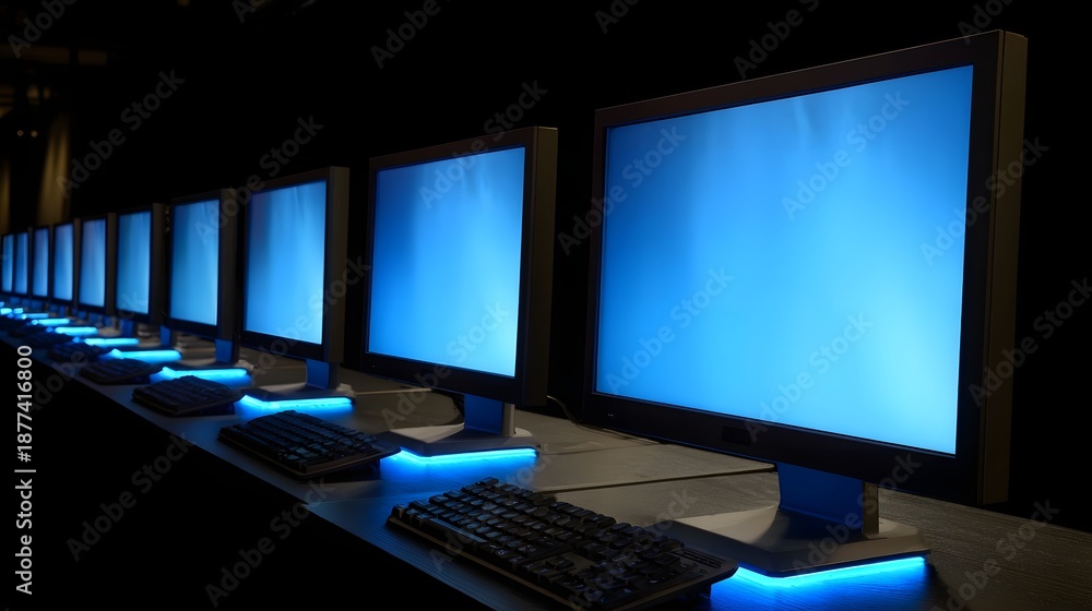Fototapeta premium Majestic row of futuristic computer monitors with vibrant blue screens and ambient glow