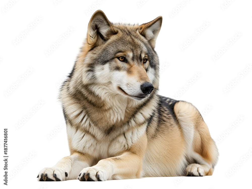 Fototapeta premium Powerful Gray Wolf lying gracefully, gazing intently forward with beautiful brown and gray fur, a captivating wildlife predator portrait, isolated on transparent background.