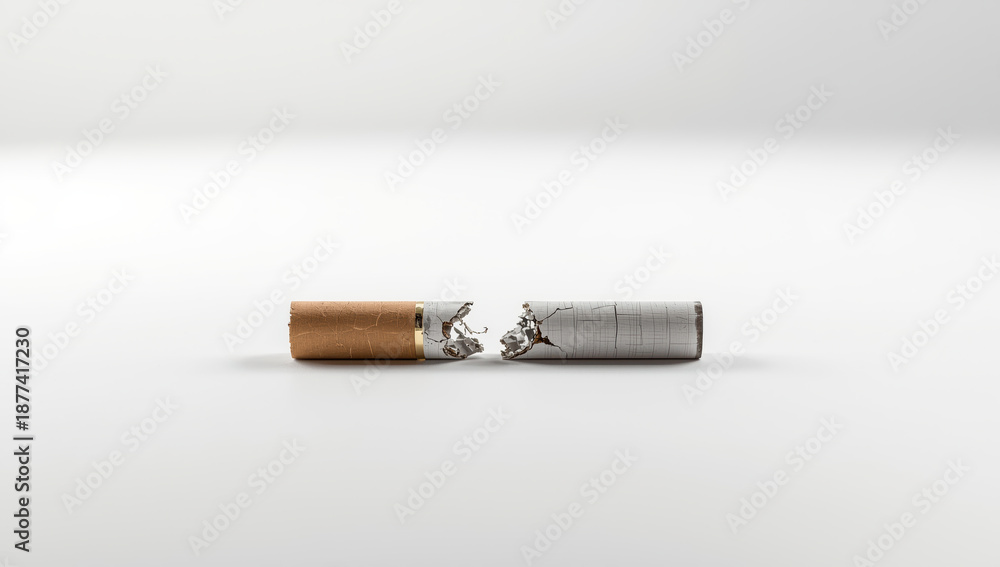 Obraz premium Broken cigarette split half white background, anti smoking concept, stark minimal composition
