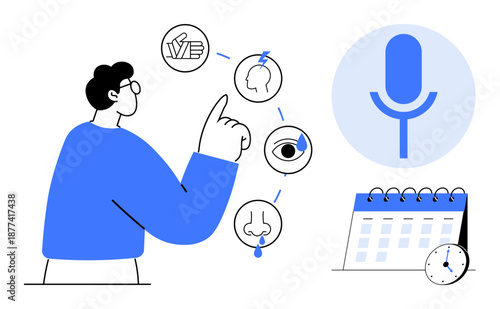 Voice recognition, accessibility tools, sensory icons, speech analytics, time management, communication skills. Person interacting with sensory icons and microphone pictogram. Voice recognition