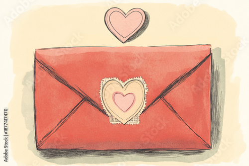 hand-drawn illustration, featuring vintage red envelope, adorned with a vintage stamp, the light pink heart in the center highlights its romantic nature