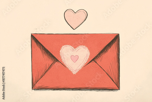 hand-drawn illustration, featuring vintage red envelope, adorned with a vintage stamp, the light pink heart in the center highlights its romantic nature