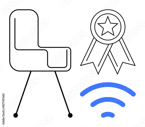 Office culture, achievements, connectivity, remote work, digital communication, workplace efficiency. A chair, star ribbon and wireless icon. Office culture and achievements concept