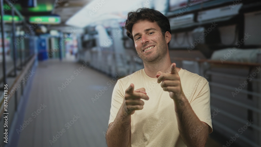© Krakenimages.com - Man points finger at camera on cruise ship deck, bare hands forward, slight smile; playful confidence.