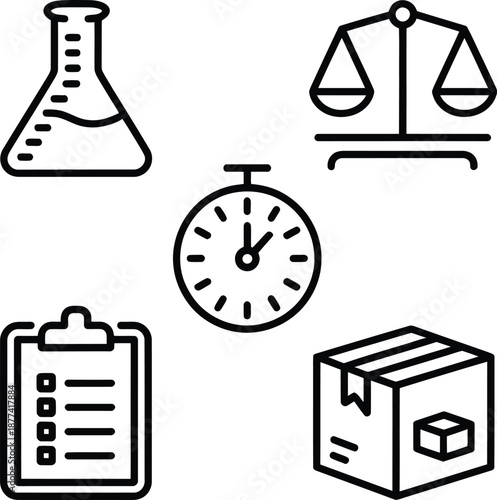 Minimal production icons beaker for measuring, scale for weighing, timer for curing, checklist for batch log