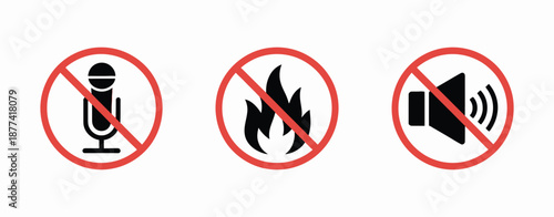 No fire flame sign icon, fire symbol, stop fire, escape from fire, red prohibition stop sign, vector art of no microphone, fire, and speaker icons isolated on white background.