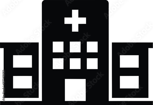 Collection of essential black and white medical and hospital service icons representing healthcare facilities staff equipment and directional signs for user interface design