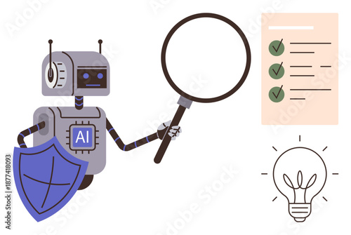 Artificial intelligence, cybersecurity, data analysis, innovation, inspection, digital trust. Robot with magnifying glass, shield and document checklist. AI and cybersecurity concept
