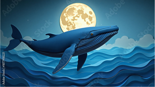 Stylized whale jumping out of waves under a full moon in a colorful paper art style. Whale Day