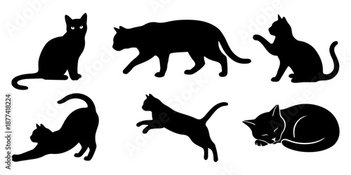 Black cat silhouettes set, vector collection of domestic feline poses including sitting, walking, playing, stretching and sleeping