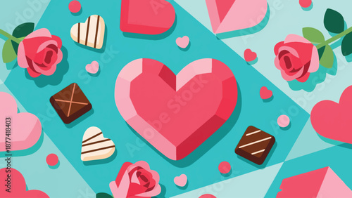 Illustration Of Flat Lay Background With Chocolates And Roses, Valentine Theme Vector Design Template