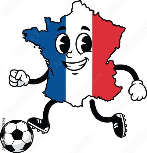 France map cartoon character, playing football soccer, national team mascot illustration, sports fan design, European championship concept, isolated white background, fun vector style art
