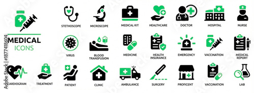 Medical silhouette vector icon set. Hospital solid icon set. Healthcare and Medical icon set. Includes symbols for Doctor, Hospital, Vaccination, and Telemedicine. Solid glyph vector icons. 