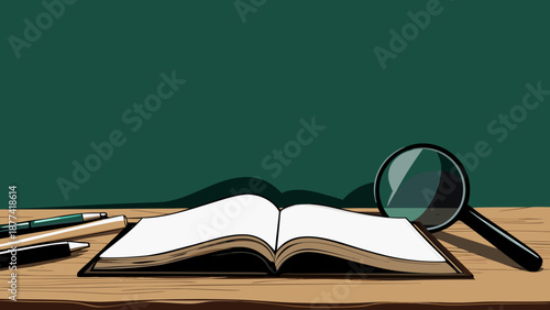 Flat vector scene of a researcher's desk with an open book magnifying glass and writing utensils on a wooden table against a green background for education and study