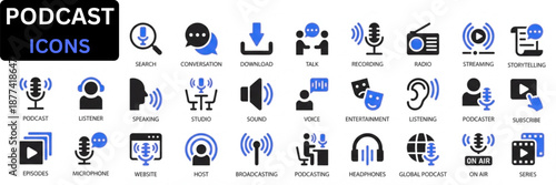 Podcast icon set. Podcast icon collection. Containing audio, microphone, record, podcasting, broadcasting and entertainment icons. Audio icon set. 