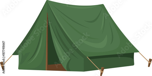 Green camping tent illustration, outdoor travel adventure survival equipment, wilderness camp, hiking tourism, scouting shelter design, isolated on white background, vector style minimal graphic