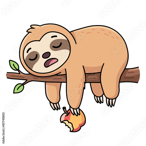 Cute funny sloth character sleeping on tree branch and holding bitten red apple, lazy tropical animal illustration, preschool cartoon sticker design, relaxation and healthy food concept