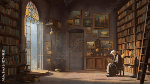 disequilibrium. Ancient family library with tall wooden bookshelves and stained glass window light. real-estate listings.