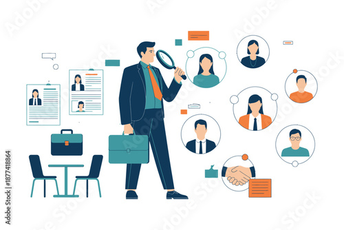 A businessman searching for the perfect candidate for a job opening with a magnifying glass