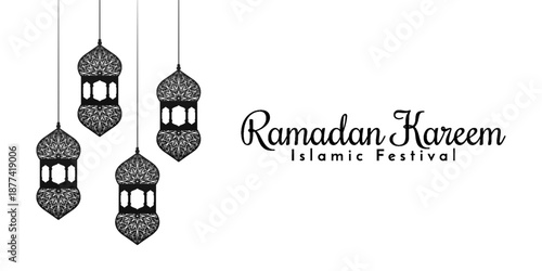 Ramadan Kareem Islamic Festival Banner with Hanging Lanterns on White Background